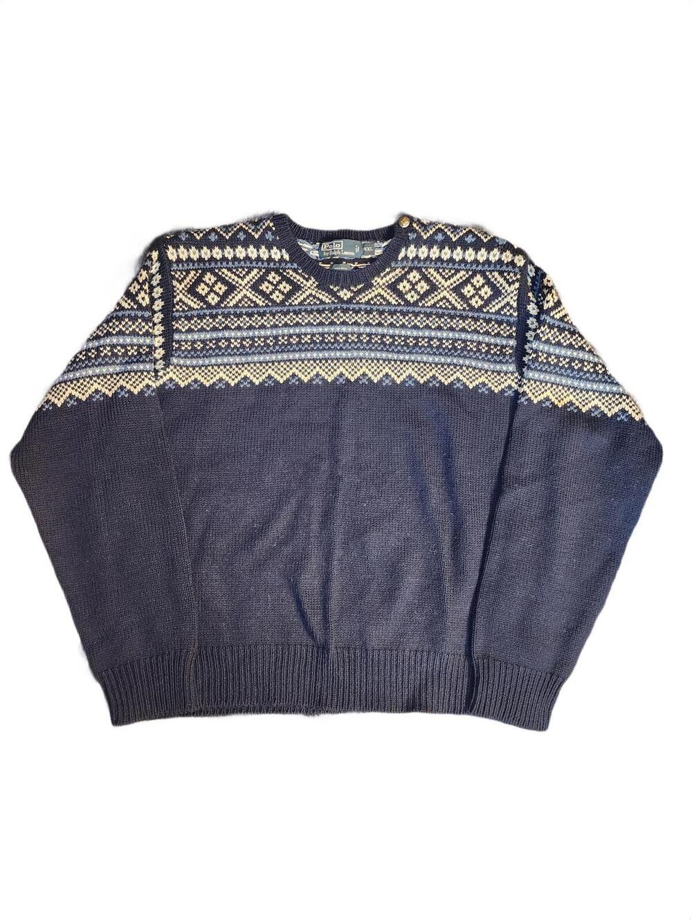Vintage Polo Ralph Lauren Fair Isle Nordic 100% Wool Pattern Blue Sweater XXL